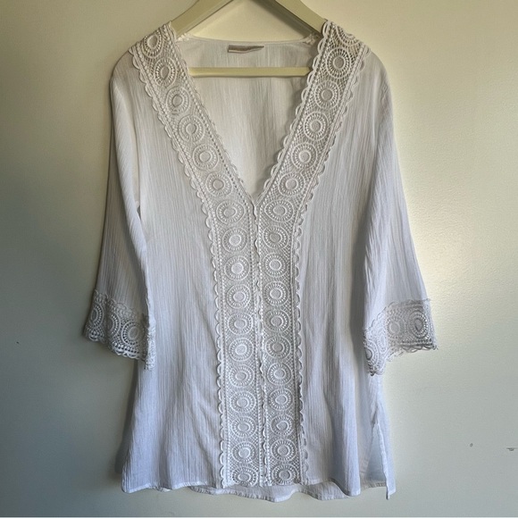 La Blanca White Lace Boho Tunic Blouse Beach Resort Cover Up Crochet Trim Size S - Picture 3 of 13